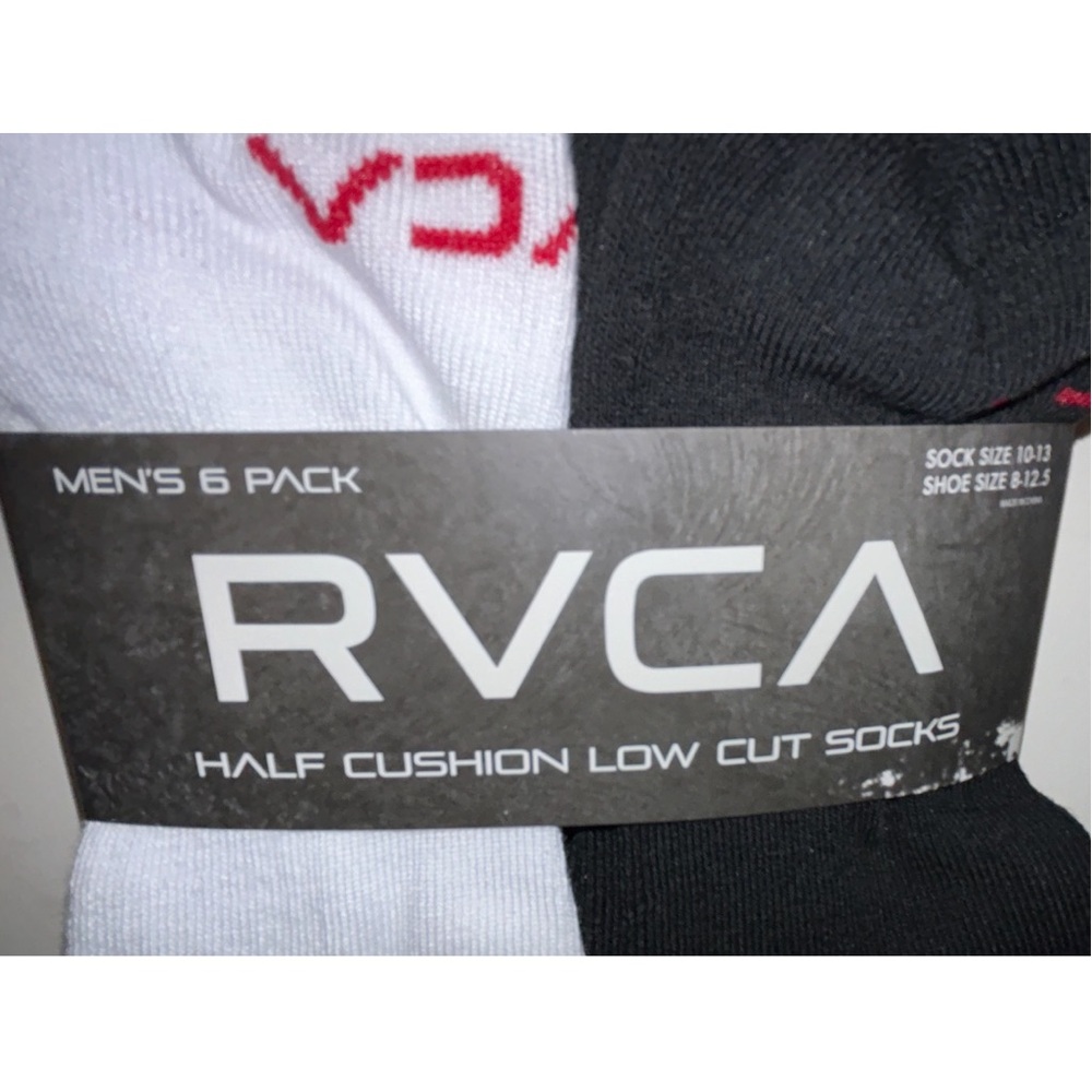 RVCA Low Cut Socks 6 Pair Men's 8-12.5 Black White w Red Toe Logo Cushion Skate - Picture 2 of 11